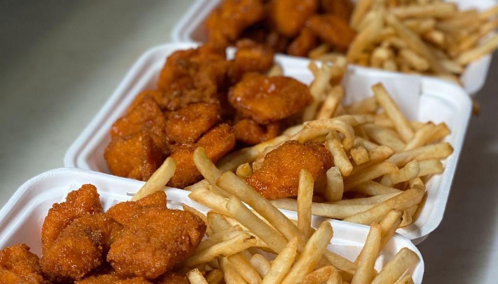 Nuggets With Fries · Nugget Flavor of your choice & French Fries.

Breaded White Meat Chicken Nugget Patties and French Fries Made with Chicken Breast.