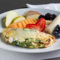 Create Mt Omelet · Choice of three: peppers, spinach, asparagus, mushrooms, onions, tomato, sharp Cheddar, feta...