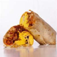 Haus Burrito · 3 fried eggs, smoked bacon, white American cheese, crispy tater tots, caramelized onions, sp...