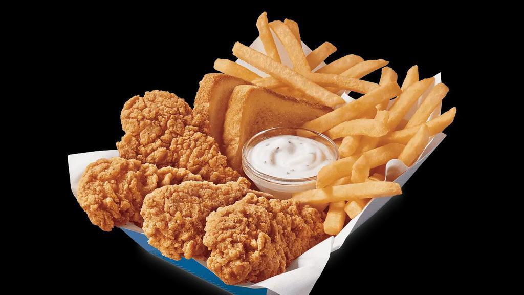 Chicken Strip Basket (4 Pieces) With Fountain Drink · A DQ® signature, 100% all-tenderloin white meat chicken strips are served with crispy fries, Texas toast, and your choice of dipping sauce, such as our warm country gravy.