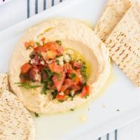 Hummus, Grilled Tomatoes · Extra virgin olive oil, pita.
