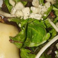 Poached Pear Salad · Organic baby greens, Belgian endive, candied walnuts, gorgonzola cheese