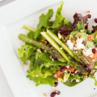 Roasted Asparagus And Farro Salad · Baby greens, tomatoes, corn, pomegranate, feta cheese