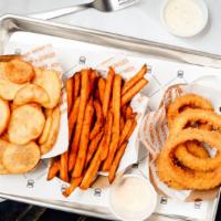 Half & Half · Choose two (burgerim fries, onion rings, or sweet potato fries).