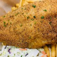 Fried Catfish · Cornmeal Battered. 100% Trans-Fat Free Oil. 
Served with fries and coleslaw.