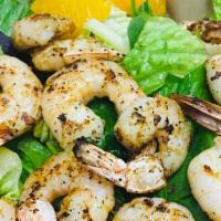 Grilled Shrimp Salad · Mixed green, romaine lettuce, cucumber, tomatoes, carrots and mandarin oranges.