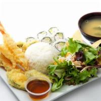 Tempura & Cali Roll · Crispy mixed tempura (shrimps & vegetables) & 6pcs of California roll, served with rice, a c...