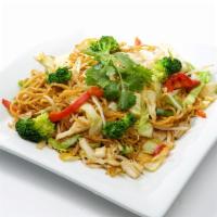 Yakisoba Noodle · Grilled chicken over stir-fried noodles with seasoned sweet & savory sauce, topped with mixe...