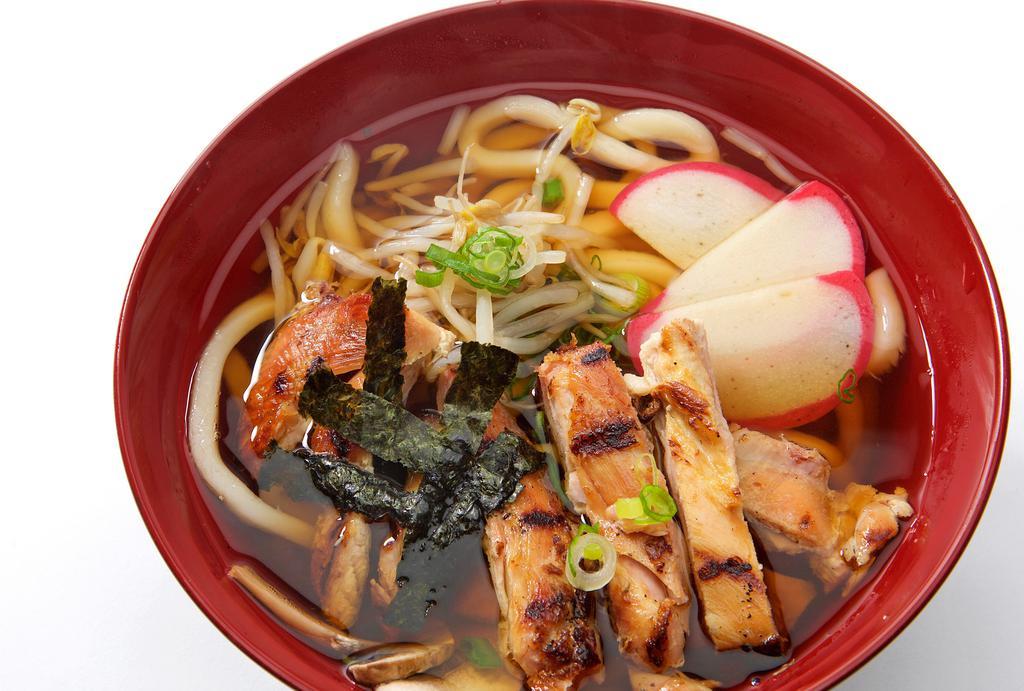 Chicken Udon Soup · Grilled chicken served with udon noodles, topped with kamaboko (fish cake), mushrooms, bean sprouts, and garnished with dried seaweed, scallions & sesame seeds.