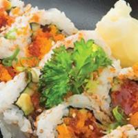 Spicy Tuna · Spicy. Signature spicy sauce laden tuna, cucumber, and avocado, topped with masago & sesame ...