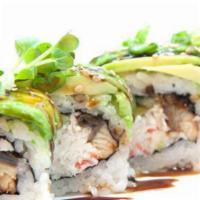 Caterpillar · Fresh water-eel (unagi), crab mix, and cucumber, topped with layers of avocado, green onions...
