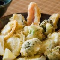 Vegetable Tempura · VG. Crispy mixed vegetable tempura with kabocha squash, zucchini, broccoli, and green beans.