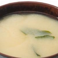 Miso Soup · Made with savory miso (soybean paste) and dashi broth, added with tofu, and wakame (seaweed).