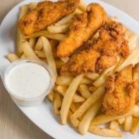 6 Piece With Fries · 6 Hand Breaded Chicken Tenders served with French Fries and Ranch Dressing.