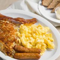 #2 Three Egg Plate · The 3 Egg Plate includes;.  . Crispy Hashbrowns. 4 pieces of bacon or sausage, . 3 Eggs prep...