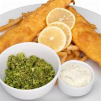 Fish & Chips · Our Famous Beer Battered fish served with a side order of chips and broccoli rice.