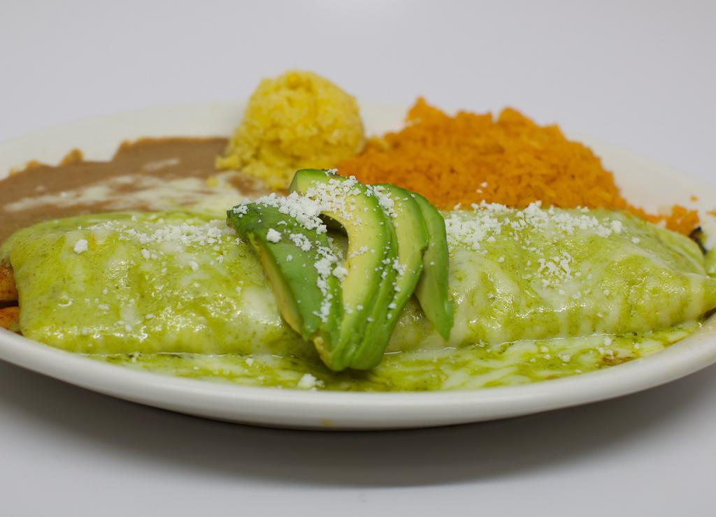Mazatlan Burrito · A soft flour tortilla stuffed with shrimp, roasted poblano mix and onions. Smothered in a pesto sauce. Garnished with cotija cheese and avocado slices and finished with rice and beans on the side.