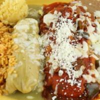 Chile Relleno · A poblano chile stuffed with cheese, dipped in egg batter and deep-fried. Smothered in red s...