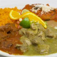 The Three Compadres · A delicious combination of chile Colorado, chile Verde and chile relleno. Garnished with let...