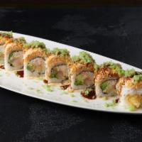 Frankenstein Roll · Shrimp tempura, crab, avocado, cucumber, topped with spicy crab and spinach tempura flakes.