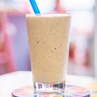 Fully Caffeinated · 24 oz. cold brew, almond milk, carob powder, cocoa nibs, banana, almond butter, and pea prot...