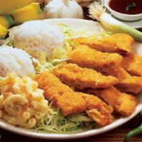 Chicken Katsu · Crispy chicken katsu served along with sides of rice and macaroni salad and homemade katsu s...