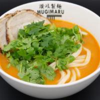 Spicy Tonkotsu Udon · Hot and spicy. Udon served in hot spicy pork soup with sliced pork cha-shu.