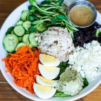 Kitchen Sink Salad · goodonya spring mix, hard-boiled egg, chicken salad, cucumbers, fermented carrots & ginger, ...