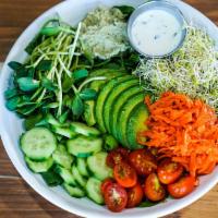 Sprout Probiotic Salad · goodonya spring mix, fermented carrots & ginger from Edible Alchemy, sprouts, avocado, tomat...