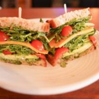 Garden Pesto · Pesto aioli, cherry tomatoes, cucumbers, sunflower sprouts, arugula, spinach, jack cheese an...