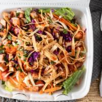 Bbq Chicken Salad · Mix green lettuce with tomatoes cut corn black beans carrots jack cheese cilantro and red ca...