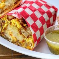 Bacon And Sausage Breakfast Burrito · Includes Scrambled Eggs, Bacon, Hashbrowns, Cheese & side of Salsa. Comment for adjustments!