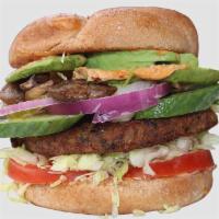 #12 Veggie Fun Burger · A flavorful, veggie packed patty topped with lettuce, tomato, onion, pickles, avocado, and c...