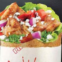 Chicken Pesto Pita · Chicken grilled in pesto, romaine lettuce, roasted red peppers, tomatoes, onions, feta, Gree...
