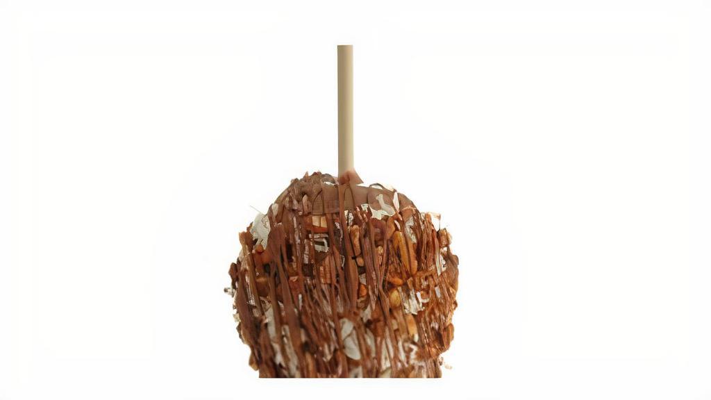 German Chocolate · A granny-smith apple covered in pecans and coconut drizzled in milk and white chocolate