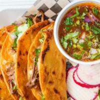 Quesa Birria Tacos · Order comes with three tacos and broth.