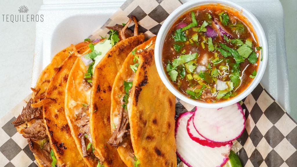 Quesa Birria Tacos · Order comes with three tacos and broth.