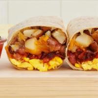 Bacon Breakfast Burrito · Two scrambled eggs, crispy bacon, hash browns, and melted cheese wrapped in a fresh flour to...