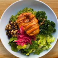 Crispy Avocado Bowl · chipotle aioli, marinated kale, corn and black bean salsa, pickled red onions