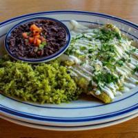 Cheese Enchiladas · three enchiladas, salsa verde, sour cream, cilantro