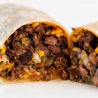 Beef Burrito · Slow cooked shredded beef, refried beans, rice and cheddar- jack cheese all rolled in a flou...