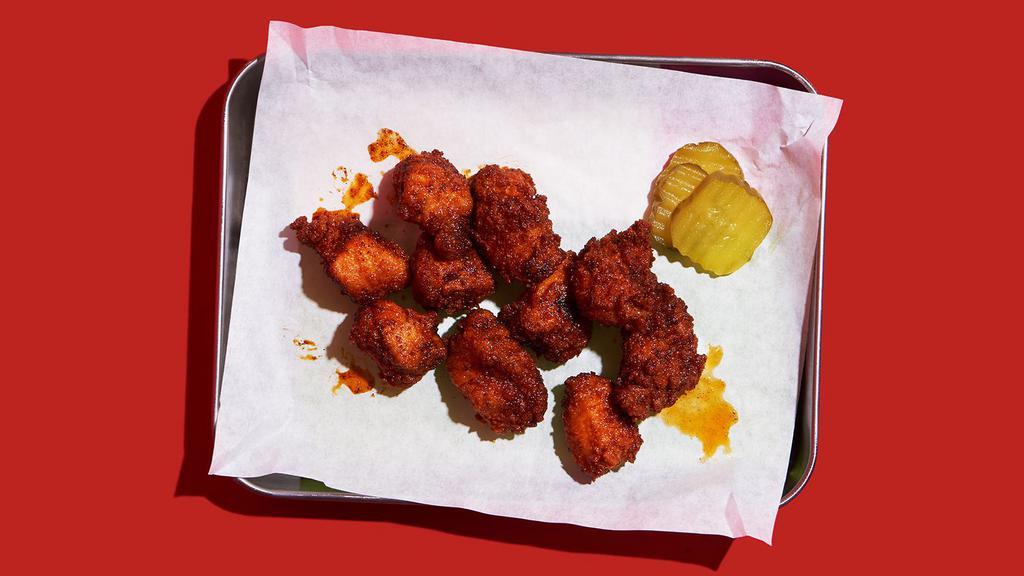 Nashville Hot Chicken Nuggets Combo · Ten crispy fried, spicy hot chicken nuggets. Served with spicy mayo, choice of side, and a drink.