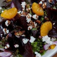 Roasted Beetroot & Goat Cheese Salad · Gluten-free. Mixed greens, roasted beets, goat cheese, candied walnuts, mandarin oranges, fr...