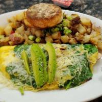 California Omelette · Bacon, mushroom, spinach, jack, and avocado. Omelettes are made with three eggs and served w...