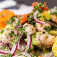 Ceviche De Camarón · Our Peruvian style shrimp ceviche.  Shrimp mixed with thinly sliced onion, celery and cilant...