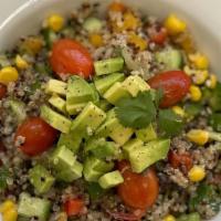Quinoa Salad · Tricolored Quinoa mixed with Bell Peppers, cucumbers, green onions, cilantro, cherry tomatoe...