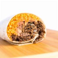 Regular Burrito · Meats, rice, beans, onions, cilantro, & sauce.