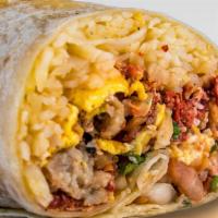 Loaded Breakfast Burrito · Loaded with chorizo, ham, sausage & bacon. Eggs, potatoes, pico de gallo, hot sauce, cheese,...