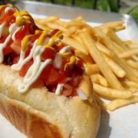 Dogo · A gourmet 1/4 lb. hot dog wrapped in bacon in a homemade bun, topped with ketchup, mayonnais...