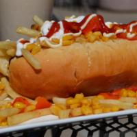 Esquite Dogo · A gourmet 1/4 lb. hot dog wrapped in bacon in a homemade bun, topped with ketchup, mayonnais...